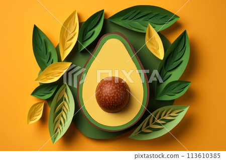 Fruit composition with a beautiful avocado half, yellow and green leaves. Generated by AI. Fruit composition with a beautiful avocado half, yellow and green leaves. Generated by AI. 113610385