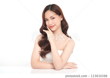 Beautiful young asian woman with clean fresh skin on white background, Face care, Facial treatment, Cosmetology, beauty and spa, Asian women portrait. 113610386