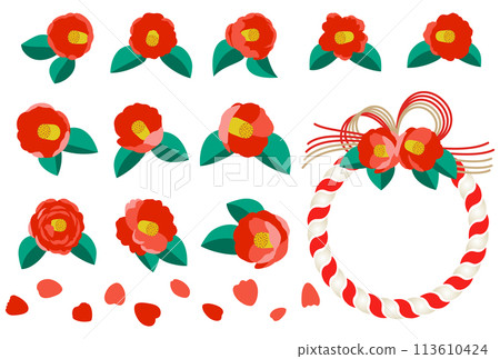 紅山茶花和裝飾品的彩色插圖 113610424