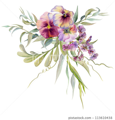 Hand drawn watercolor illustration botanical flowers leaves. Mauve pansy viola, locust indigo branch, willow eucalyptus, bergenia heliotrope lungwort, tendrils. Bouquet isolated white. Wedding, cards Hand drawn watercolor illustration botanical flowers leaves. Mauve pansy viola, locust indigo branch, willow eucalyptus, bergenia heliotrope lungwort, tendrils. Bouquet isolated white. Wedding, cards 113610438