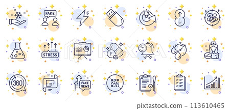 Outline set of Architectural plan, Freezing and Chemistry lab line icons for web app. Include Nurse, Stress grows, Time management pictogram icons. Qr code, Fluorine mineral, Timer signs. Vector 113610465