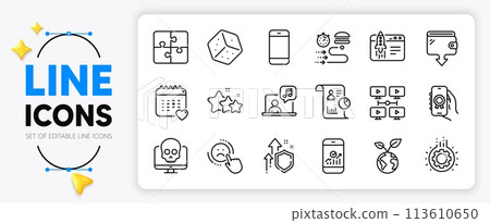 Cyber attack, Smartphone and Report line icons set for app include Smartphone statistics, Dice, Healthcare calendar outline thin icon. Gear, Dislike, Food delivery pictogram icon. Vector 113610650