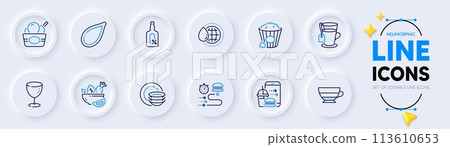 Americano, Glass and Food delivery line icons for web app. Pack of Food order, Ice cream, Tea pictogram icons. Salad, Popcorn, Pumpkin seed signs. Alcohol free, Dishes, World water. Vector 113610653