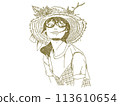 Line drawing illustration of a girl wearing a straw hat 113610654