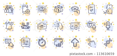 Outline set of Event click, Chemistry dna and Bitcoin think line icons for web app. Include Hold box, Artificial intelligence, Checked file pictogram icons. Wallet, Augmented reality. Vector 113610659