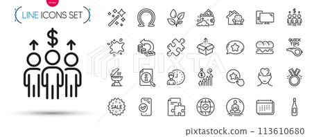 Pack of Strategy, Global insurance and Burger line icons. Include Search, Mental health, Send box pictogram icons. Computer, Magic wand, Sale signs. Dirty spot, Plants watering, Calendar. Vector Pack of Strategy, Global insurance and Burger line icons. Include Search, Mental health, Send box pictogram icons. Computer, Magic wand, Sale signs. Dirty spot, Plants watering, Calendar. Vector 113610680