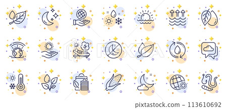 Outline set of Moon, Bio shopping and Night weather line icons for web app. Include Corn, Weather, Insomnia pictogram icons. Plants watering, Mint leaves, Leaf dew signs. Sunset, Lounger. Vector Outline set of Moon, Bio shopping and Night weather line icons for web app. Include Corn, Weather, Insomnia pictogram icons. Plants watering, Mint leaves, Leaf dew signs. Sunset, Lounger. Vector 113610692