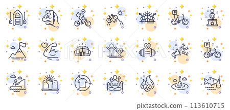 Outline set of Delivery bike, Dumbbell and Boat line icons for web app. Include Success, Arena stadium, Strong arm pictogram icons. Bicycle parking, Boat fishing, Yoga signs. Bike. Vector Outline set of Delivery bike, Dumbbell and Boat line icons for web app. Include Success, Arena stadium, Strong arm pictogram icons. Bicycle parking, Boat fishing, Yoga signs. Bike. Vector 113610715