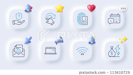 Calendar, Protection shield and Card line icons. Buttons with 3d bell, chat speech, cursor. Pack of Electricity price, Rotation gesture, Wifi icon. Smile, Laptop pictogram. Vector 113610729