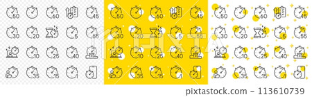 Hourglass, clock time and stopwatch. Timer line icons. Alarm countdown, sport measurement tool and 1 hour line icons. 10 minutes timer, time report, cook clock. Fast service, 60 seconds. Vector 113610739