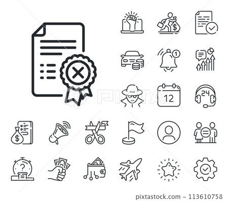 Decline document sign. Salaryman, gender equality and alert bell outline icons. Reject certificate line icon. Wrong file. Reject certificate line sign. Spy or profile placeholder icon. Vector Decline document sign. Salaryman, gender equality and alert bell outline icons. Reject certificate line icon. Wrong file. Reject certificate line sign. Spy or profile placeholder icon. Vector 113610758