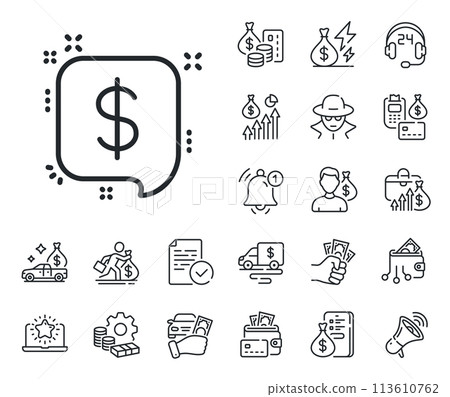 Dollar sign. Cash money, loan and mortgage outline icons. Payment received line icon. Finance symbol. Payment message line sign. Credit card, crypto wallet icon. Inflation, job salary. Vector Dollar sign. Cash money, loan and mortgage outline icons. Payment received line icon. Finance symbol. Payment message line sign. Credit card, crypto wallet icon. Inflation, job salary. Vector 113610762