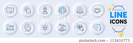 Boat fishing, Good mood and Teamwork line icons for web app. Pack of Mental health, Doctor, Handshake pictogram icons. Idea, Global business, Clapping hands signs. Online question. Vector 113610773