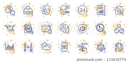 Outline set of Save planet, Augmented reality and Report document line icons for web app. Include Currency exchange, Inspect, Windmill turbine pictogram icons. Select user, Check article. Vector 113610774
