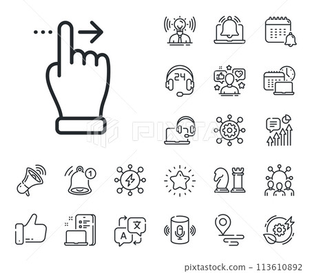 Slide right arrow sign. Place location, technology and smart speaker outline icons. Touchscreen gesture line icon. Swipe action symbol. Touchscreen gesture line sign. Vector 113610892