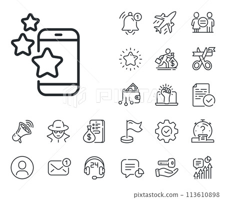 Phone ratings sign. Salaryman, gender equality and alert bell outline icons. Best app line icon. Ranking symbol. Best app line sign. Spy or profile placeholder icon. Online support, strike. Vector 113610898