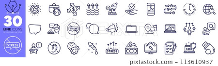 Business way, Global business and Time line icons pack. Stress grows, Journey, Chemistry pipette web icon. Inspect, Time management, Mobile finance pictogram. Money, Internet search. Vector 113610937