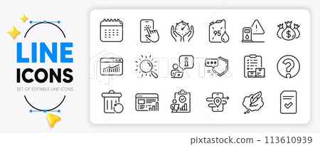 Website statistics, Interview and Shield line icons set for app include Calendar, Question mark, Inspect outline thin icon. Petrol canister, Inventory checklist. Yellow 3d stars with cursor. Vector Website statistics, Interview and Shield line icons set for app include Calendar, Question mark, Inspect outline thin icon. Petrol canister, Inventory checklist. Yellow 3d stars with cursor. Vector 113610939