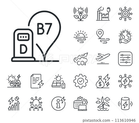 Filling station location sign. Energy, Co2 exhaust and solar panel outline icons. Diesel station line icon. B7 liquid fuel symbol. Diesel station line sign. Eco electric or wind power icon. Vector Filling station location sign. Energy, Co2 exhaust and solar panel outline icons. Diesel station line icon. B7 liquid fuel symbol. Diesel station line sign. Eco electric or wind power icon. Vector 113610946