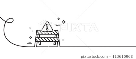 Warning road sign line icon. Continuous one line with curl. Attention triangle sign. Caution alert symbol. Warning road single outline ribbon. Loop curve pattern. Vector 113610968