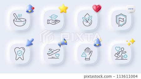 Leaf, Organic product and Patient line icons. Buttons with 3d bell, chat speech, cursor. Pack of Shield, Cook, Medical flight icon. Dental insurance, Dont touch pictogram. Vector 113611004