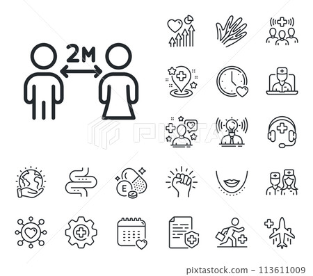 2 meters distance between sign. Online doctor, patient and medicine outline icons. Social distancing line icon. Coronavirus pandemic symbol. Social distancing line sign. Vector 2 meters distance between sign. Online doctor, patient and medicine outline icons. Social distancing line icon. Coronavirus pandemic symbol. Social distancing line sign. Vector 113611009