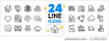 Icons set of Puzzle, Smile face and Best app line icons pack for app with Share call, Enterprise, Software bug thin outline icon. Medicine price, Cloud computing, Dots message pictogram. Vector 113611023