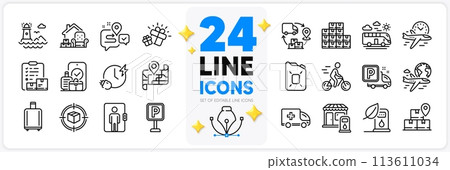 Icons set of Parcel tracking, Truck parking and Charging time line icons pack for app with Parking, Elevator, Delivery service thin outline icon. Carry-on baggage, Cyclist. Vector 113611034