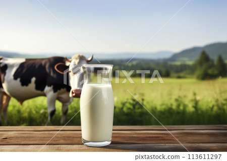 Fresh cow milk in glass and jug on wooden tabletop and blurred landscape with cow on meadow. Healthy eating. Space for design. International Milk Day. 113611297