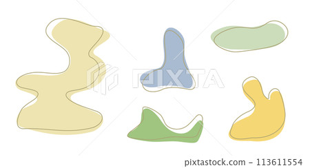 Set of organic irregular blob shapes with stroke line. Yellow random deform spot fluid circle Isolated on white background Organic amoeba Doodle elements. Abstract rounded forms Vector illustration. 113611554