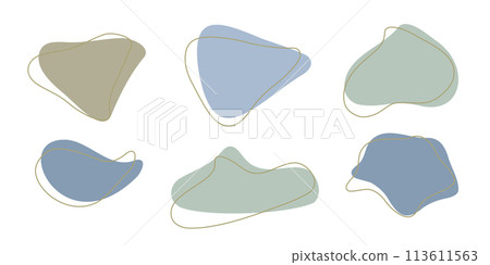 Set of organic irregular blob shapes with stroke line. Blue gray random deform spot fluid circle Isolated on white background Organic amoeba Doodle elements. Abstract rounded forms Vector illustration 113611563