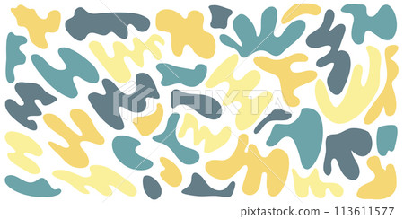 Set of organic irregular blob shapes. Yellow random deform spot fluid circle Isolated on white background. Organic amoeba Doodle drops Retro vector elements. Abstract rounded forms Vector illustration 113611577