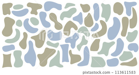 Set of organic irregular blob shapes. Blue random deform spot fluid circle Isolated on white background. Organic amoeba Doodle drops Retro vector elements. Abstract rounded forms Vector illustration 113611583