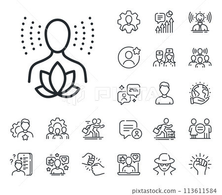 Meditation lotus sign. Specialist, doctor and job competition outline icons. Yoga balance line icon. Relax body and mind symbol. Yoga balance line sign. Avatar placeholder, spy headshot icon. Vector 113611584
