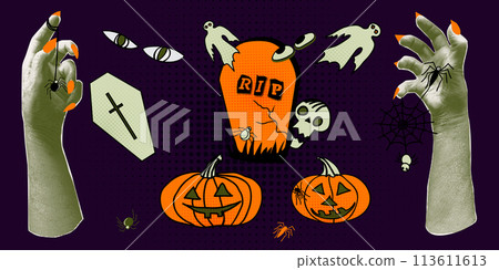 Collage elements hand palm, pumpkin, eyes, ghosts, graves, coffins. Halloween halftone zombie hands. Decoration banner for 31 Oktober events. Trendy poster in paper cut style. Vector illustration. 113611613