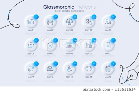 Set of Office box, Delivery truck and Charging time line icons for web app. Car service, Car wash, Shuttle bus icons. Canister oil, Disability, Search flight signs. Baggage. Vector Set of Office box, Delivery truck and Charging time line icons for web app. Car service, Car wash, Shuttle bus icons. Canister oil, Disability, Search flight signs. Baggage. Vector 113611634