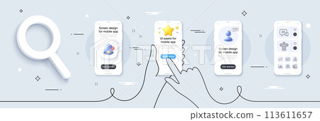 Video conference, Employee result and Court jury line icons pack. Phone screen mockup with 3d star, alert and chat message. Comment, Teacher, Checkbox web icon. Vector 113611657