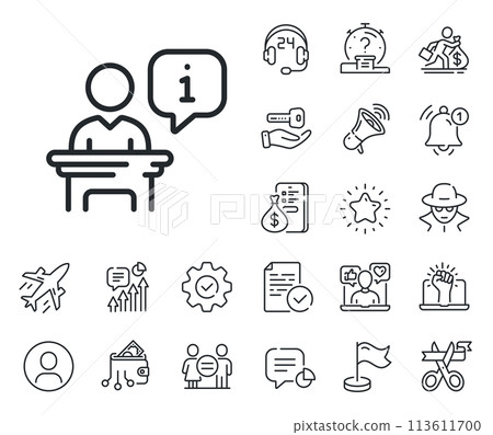 Stage information sign. Salaryman, gender equality and alert bell outline icons. Podium line icon. Business meeting tribune symbol. Podium line sign. Spy or profile placeholder icon. Vector 113611700