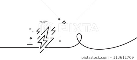 Lightning bolt line icon. Continuous one line with curl. Flash electric energy sign. Power symbol. Lightning bolt single outline ribbon. Loop curve pattern. Vector 113611709