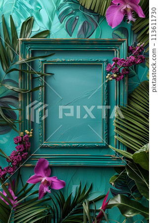 Frame mockup with Tropical leaves foliage and flowers arrangement, copy space 113611730