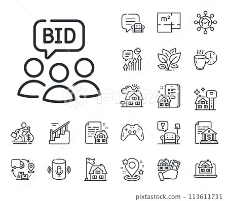 Bid offer sign. Floor plan, stairs and lounge room outline icons. Auction line icon. Raise the price up symbol. Auction line sign. House mortgage, sell building icon. Real estate. Vector Bid offer sign. Floor plan, stairs and lounge room outline icons. Auction line icon. Raise the price up symbol. Auction line sign. House mortgage, sell building icon. Real estate. Vector 113611731