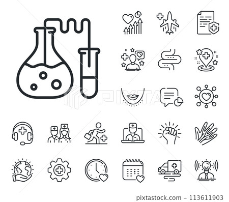 Laboratory flask sign. Online doctor, patient and medicine outline icons. Chemistry lab line icon. Analysis symbol. Chemistry lab line sign. Veins, nerves and cosmetic procedure icon. Vector 113611903