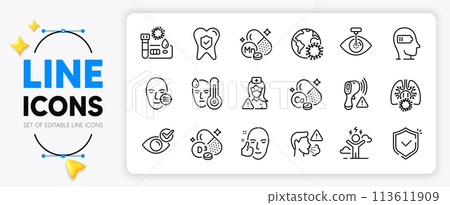 Fever, Check eye and Cholecalciferol line icons set for app include Shield, Electronic thermometer, Dental insurance outline thin icon. Problem skin, Cough, Covid test pictogram icon. Vector Fever, Check eye and Cholecalciferol line icons set for app include Shield, Electronic thermometer, Dental insurance outline thin icon. Problem skin, Cough, Covid test pictogram icon. Vector 113611909