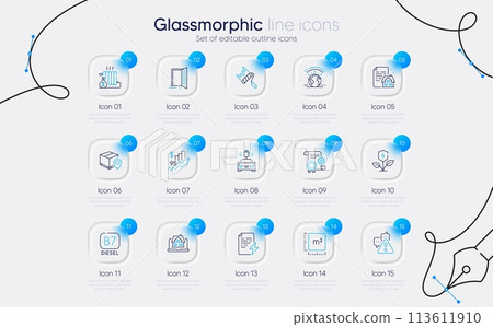 Set of Car charging, Diesel and Square meter line icons for web app. Radiator, Open door, Parcel tracking icons. Construction document, Rise price, Eco power signs. Realtor, Paint roller. Vector 113611910