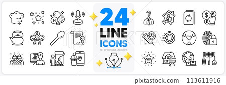 Icons set of Seo timer, Work home and Vip star line icons pack for app with Painter, Food app, Gift thin outline icon. Sharing economy, Presentation board, Approved agreement pictogram. Vector 113611916