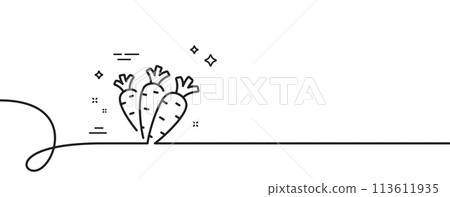 Carrots line icon. Continuous one line with curl. Eco vegetable sign. Vegetarian food symbol. Carrots single outline ribbon. Loop curve pattern. Vector Carrots line icon. Continuous one line with curl. Eco vegetable sign. Vegetarian food symbol. Carrots single outline ribbon. Loop curve pattern. Vector 113611935