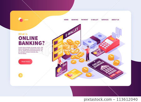 Isometric Mobile and digital banking services landing page template 113612040