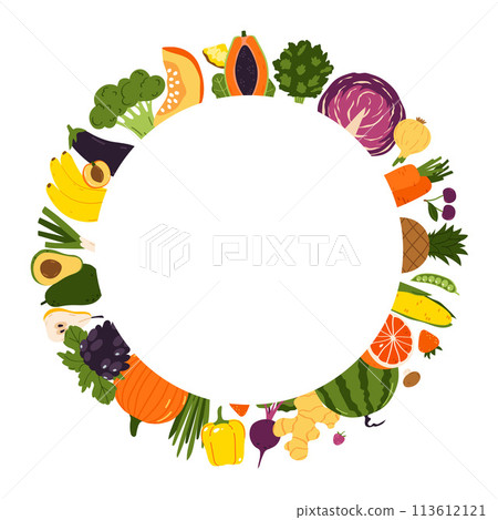 Hand drawn fruits and vegetables round frame on white background 113612121