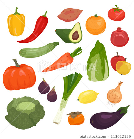 Hand drawn outline fruits and vegetables composition on white background 113612139