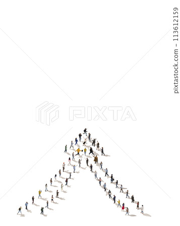 Aerial view of people walking forwards and forming arrow symbol. Unity in movement towards a common goal. Collaboration ad coordination 113612159